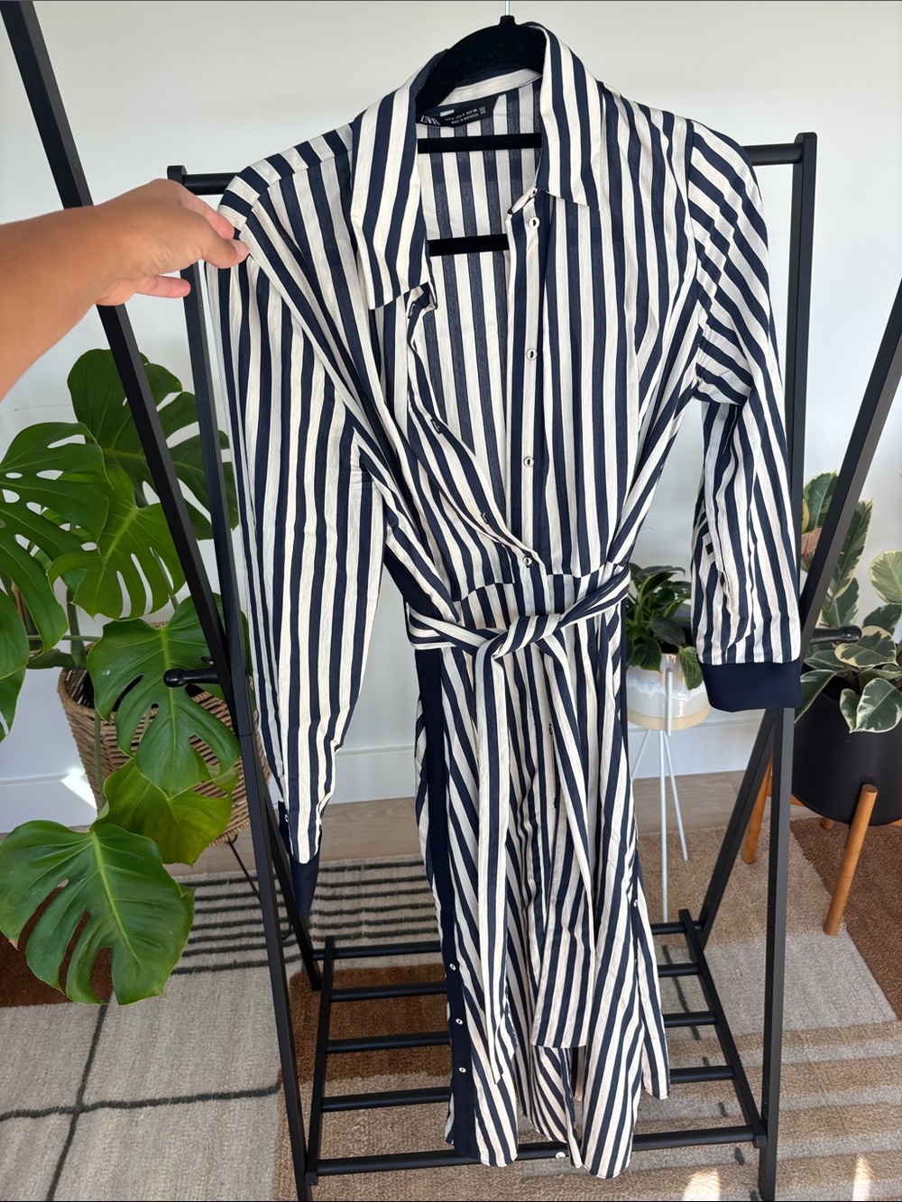 Zara Navy & White Vertical Stripe Shirt Dress with Tie